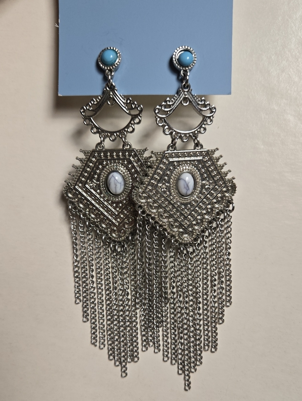 Vintage Silver Filigree Chandelier Earrings with Fuax Turquoise Studs - Picture 5 of 15